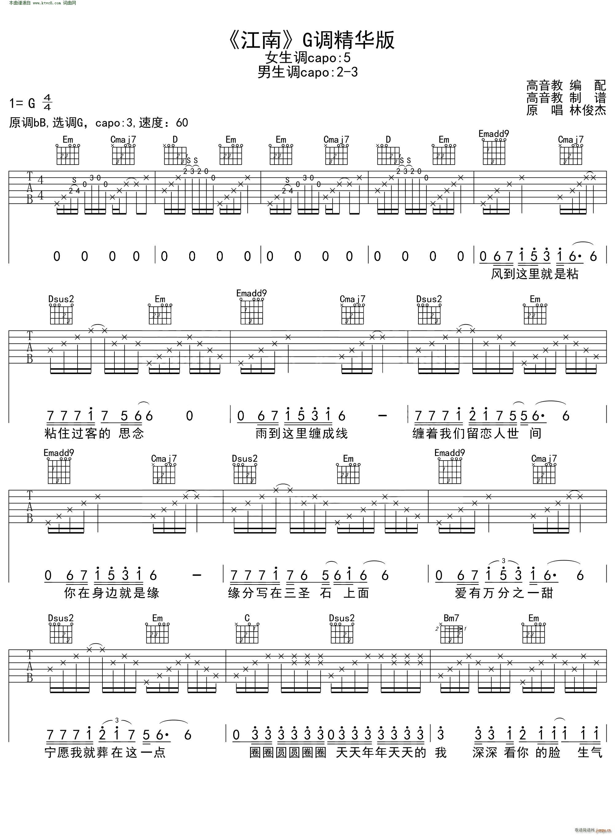 江南 G调精华版 高音教编配 猴哥吉他教学(吉他谱)1