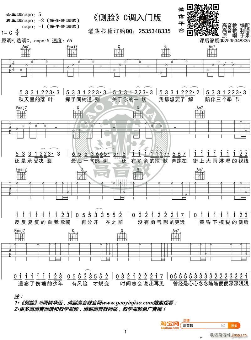 入门版 侧脸 C调 于果 高音教编配(吉他谱)1