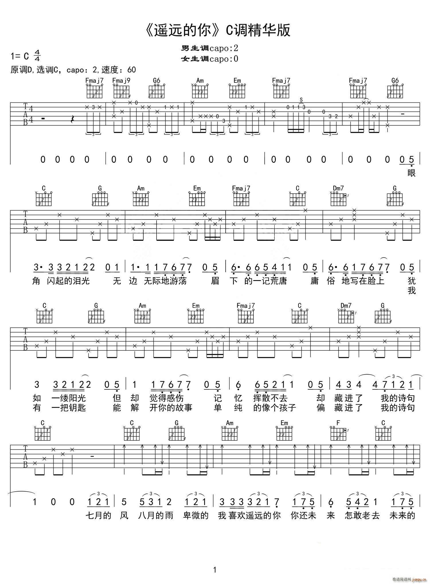 遥远的你 C调精华版 221小伙伴 高音教编配(吉他谱)1