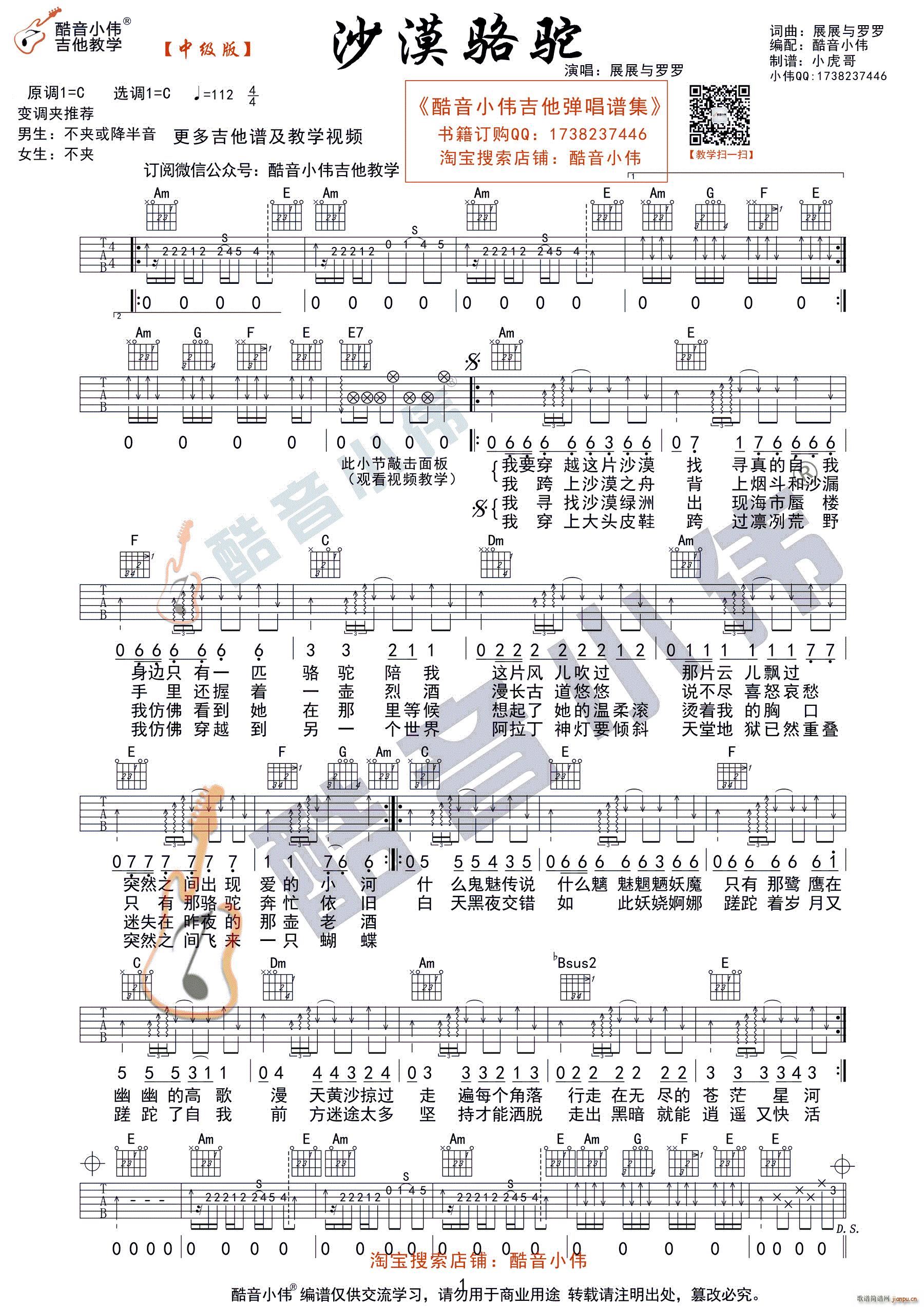 沙漠骆驼 C调原版 酷音小伟吉他教学(吉他谱)1