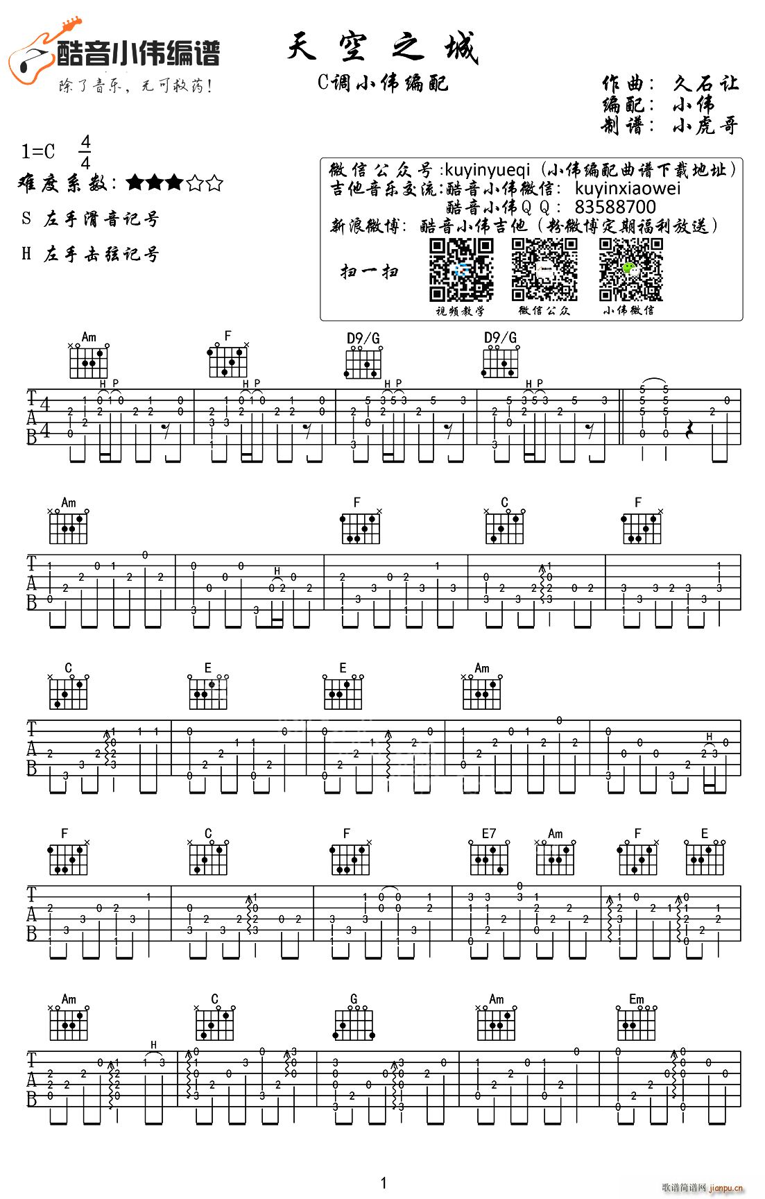 天空之城 指弹谱 C调小伟编配版(吉他谱)1