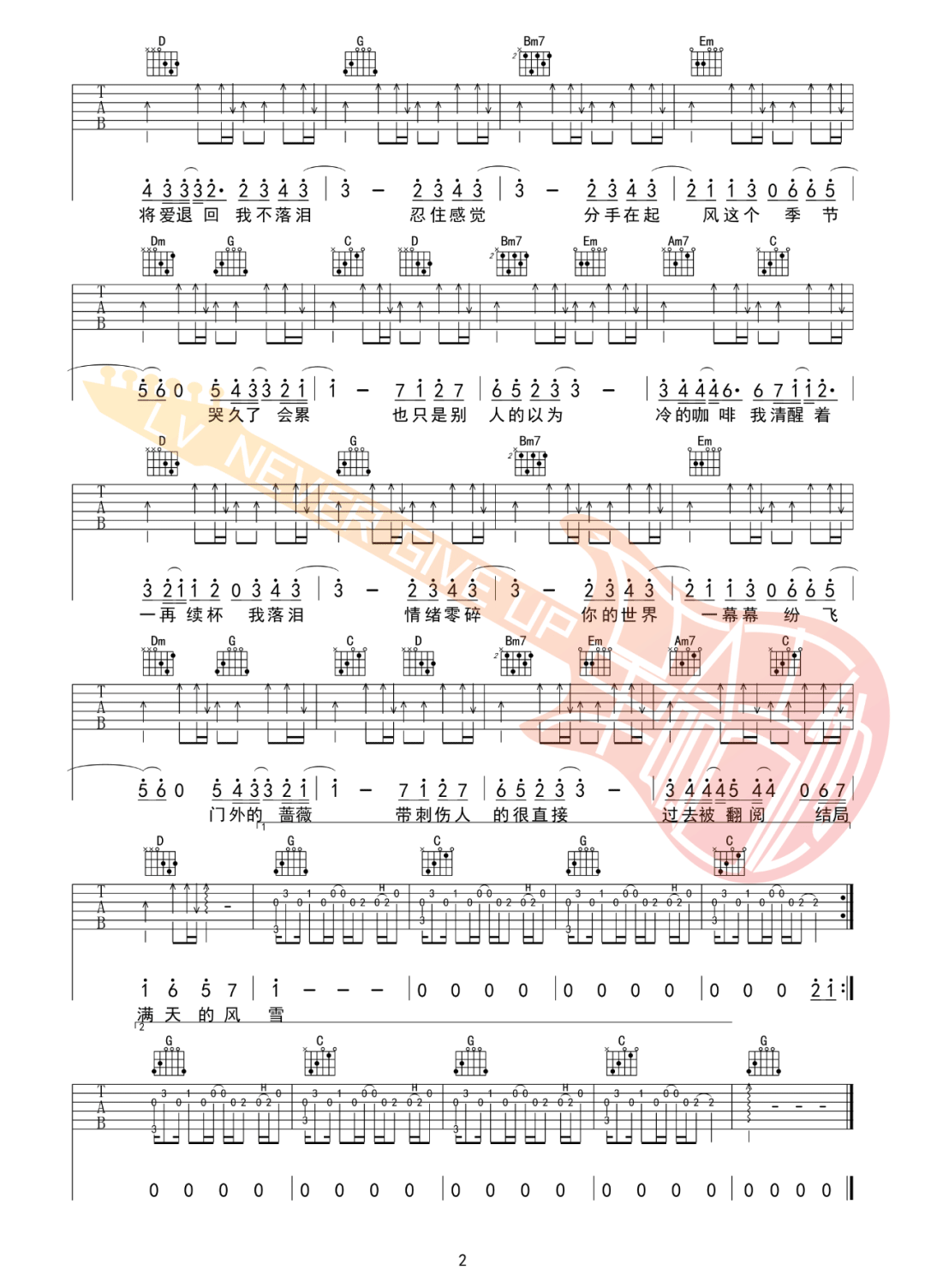 我落泪情绪零碎吉他谱2-周杰伦-G调指法