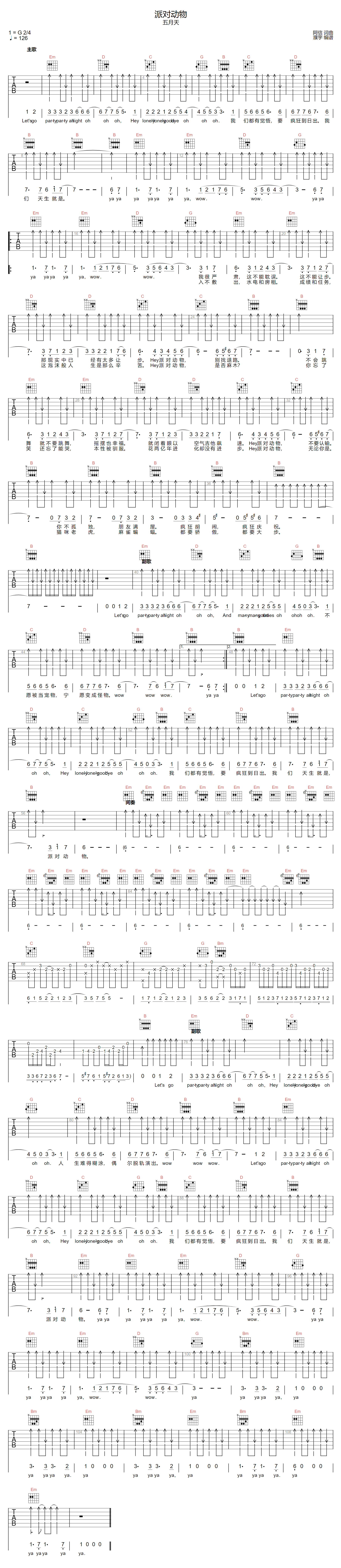 派对动物吉他谱-五月天-G调指法