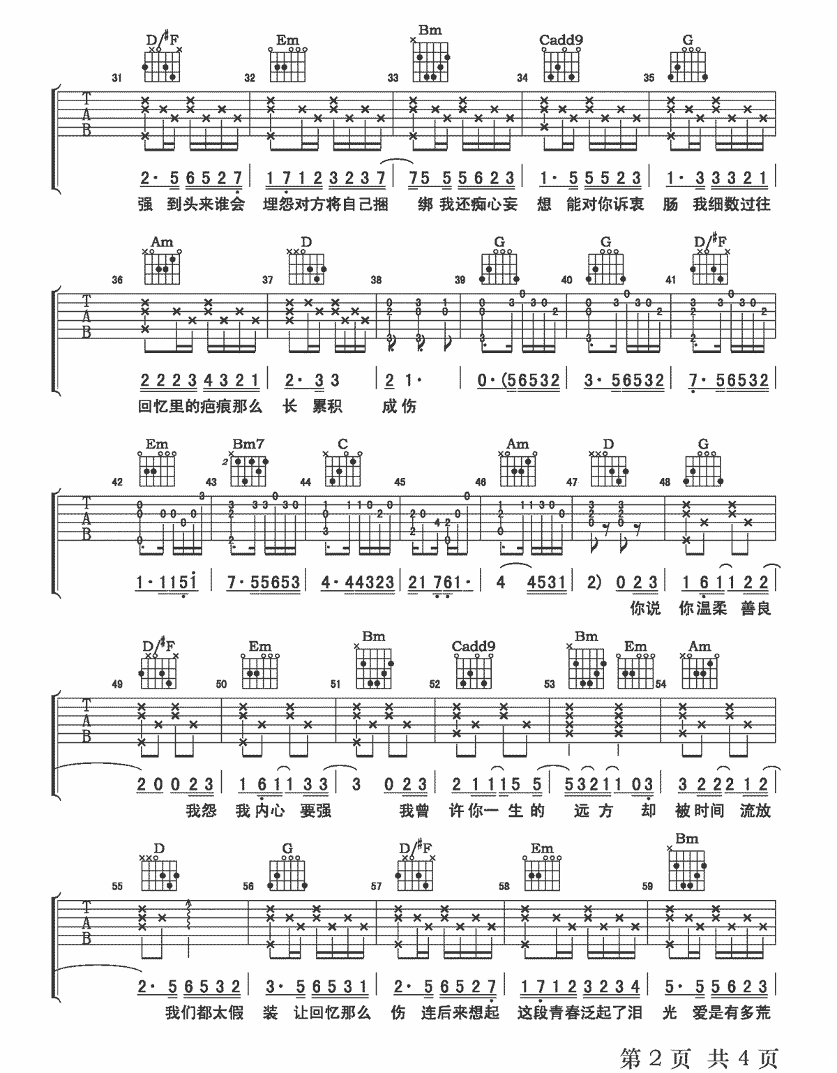 回忆那么伤吉他谱2-孙子涵-G调指法