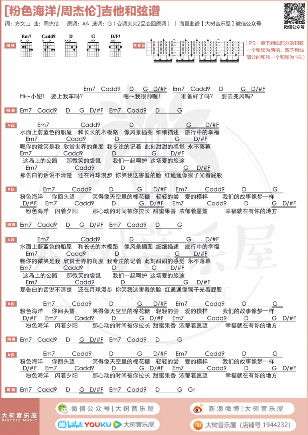粉色海洋吉他谱-周杰伦-G调指法