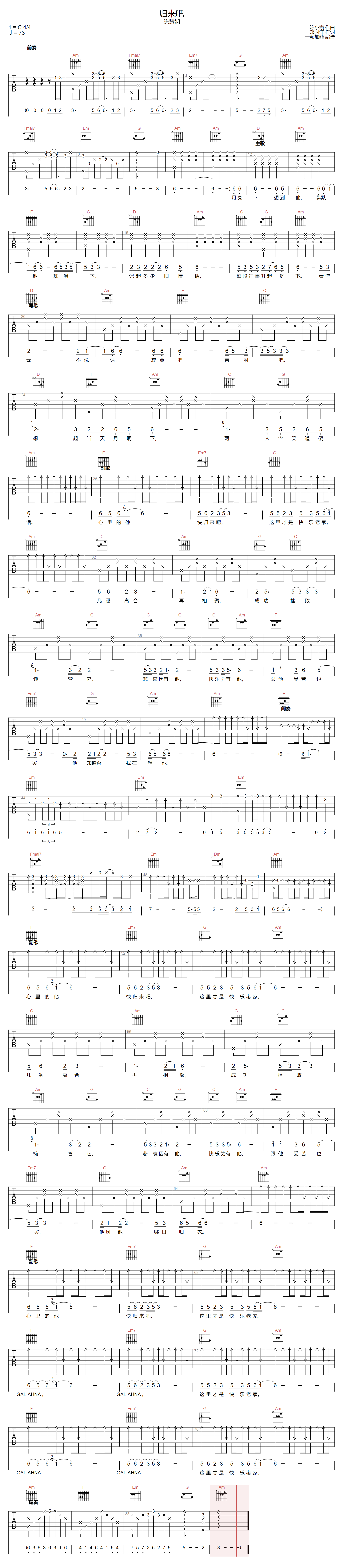 归来吧吉他谱-陈慧娴-C调指法