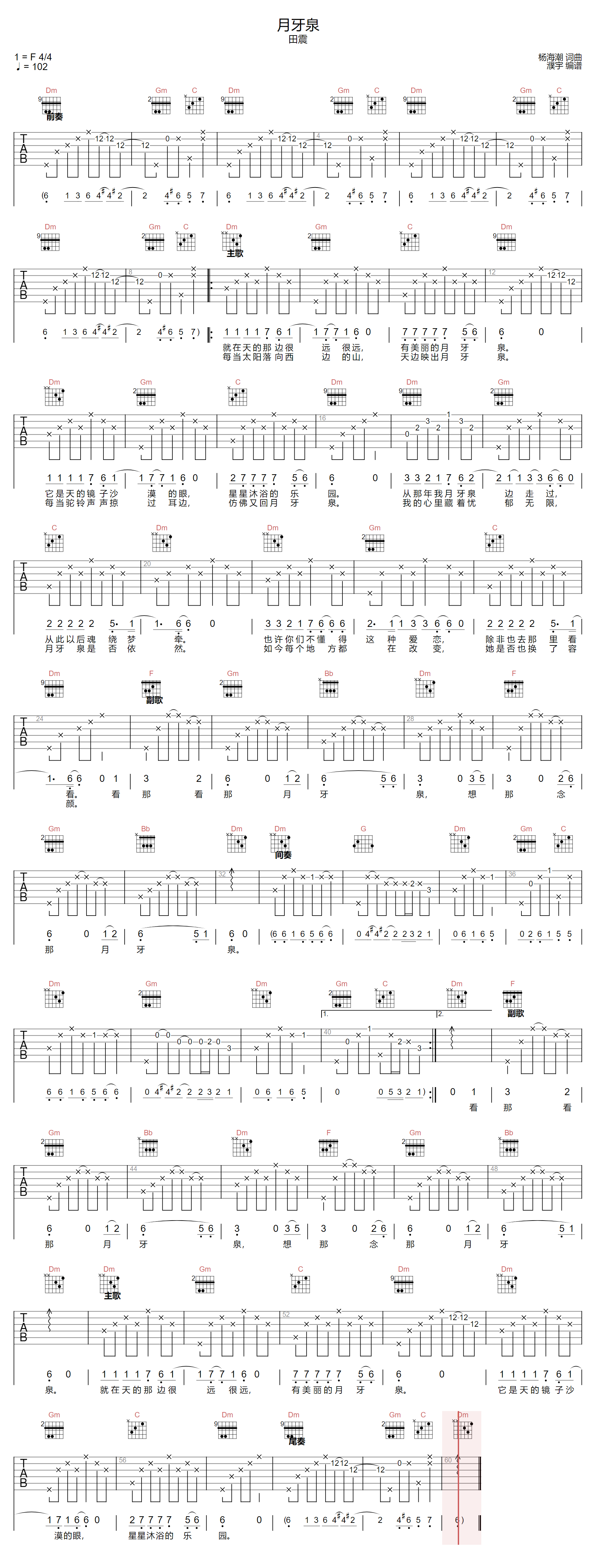 月牙泉吉他谱-田震-F调指法