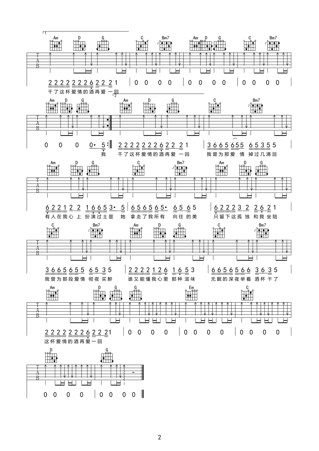 我为爱情掉过几滴泪吉他谱2-杨小壮-G调指法