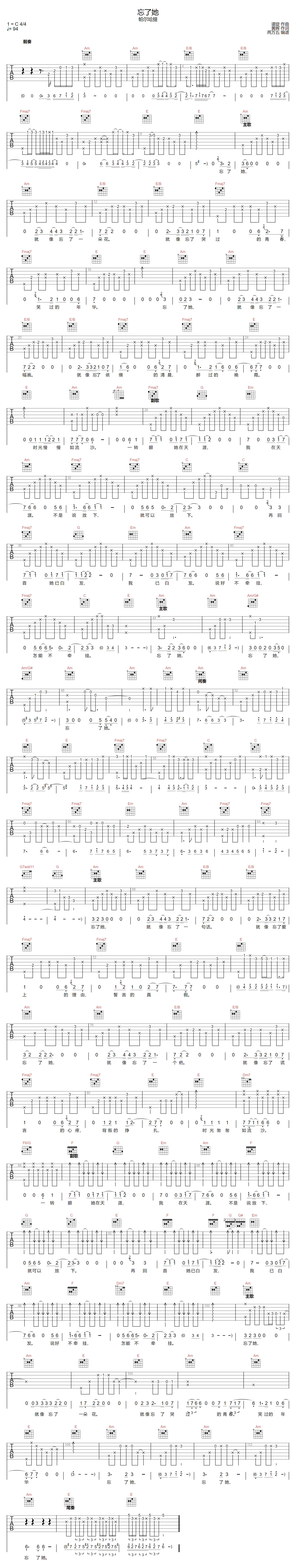 忘了她吉他谱-帕尔哈提-C调指法