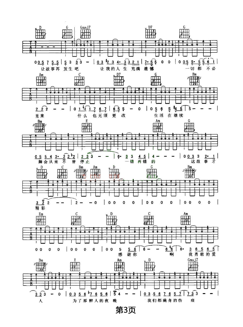 我爱你再见吉他谱3-朴树-G调指法