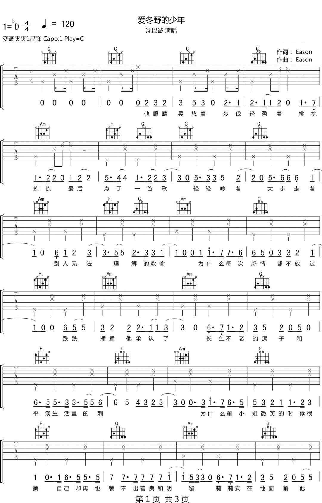 爱冬野的少年吉他谱1-沈以诚-C调指法