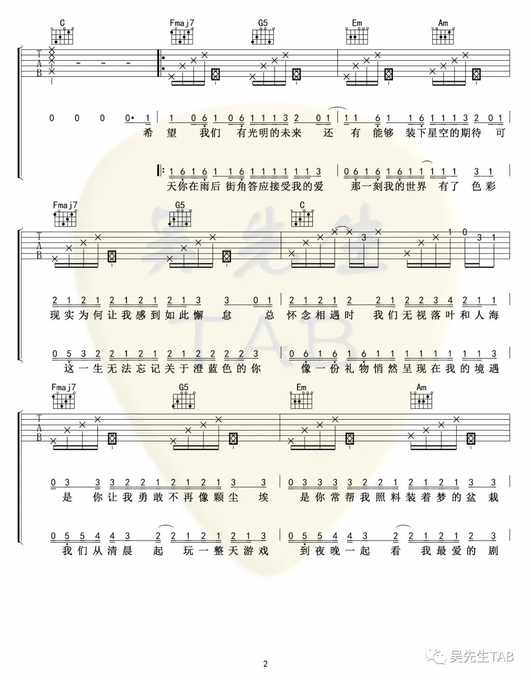 把回忆拼好给你吉他谱2-王贰浪-C调指法