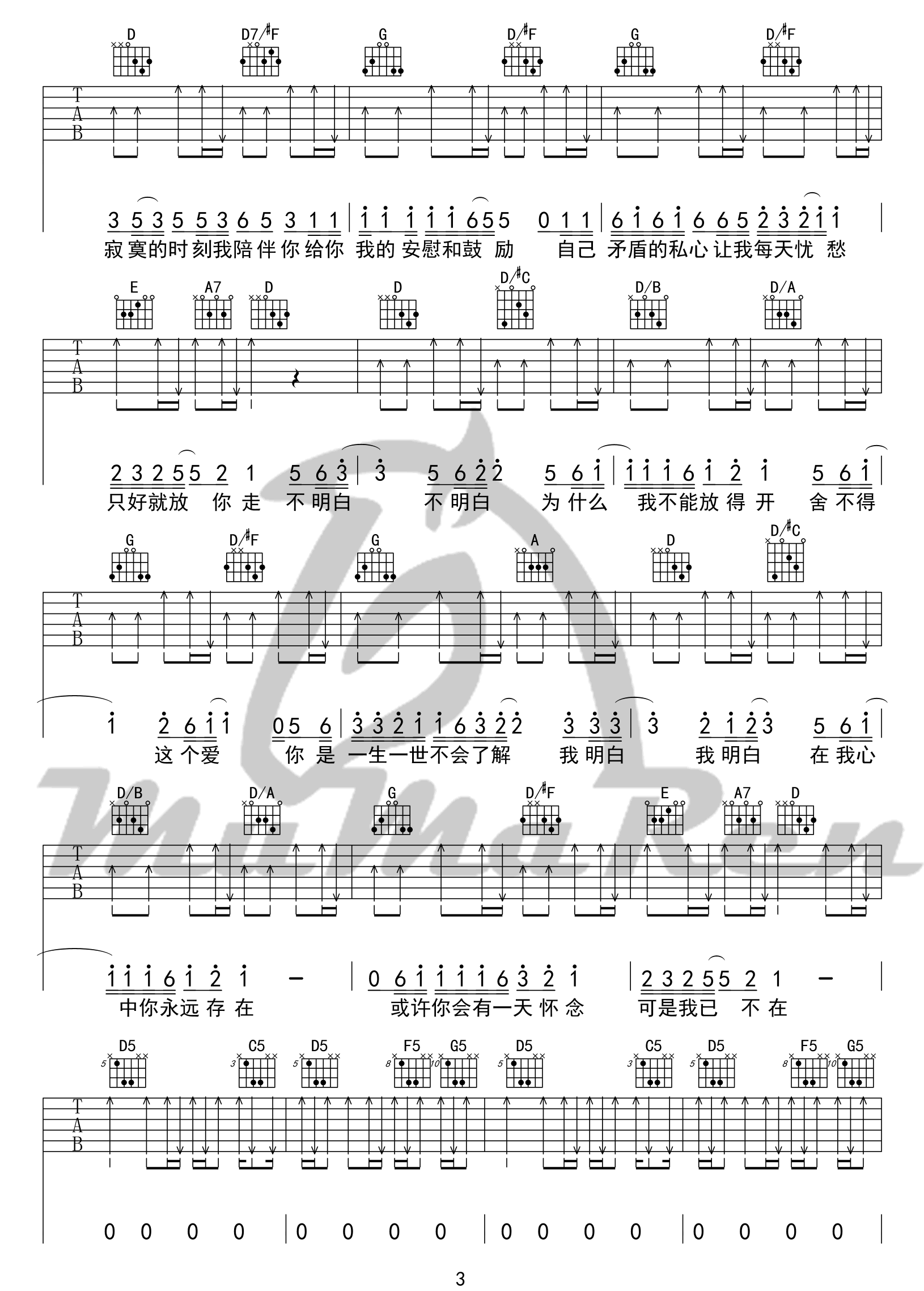 小镇姑娘吉他谱3-陶喆-D调指法