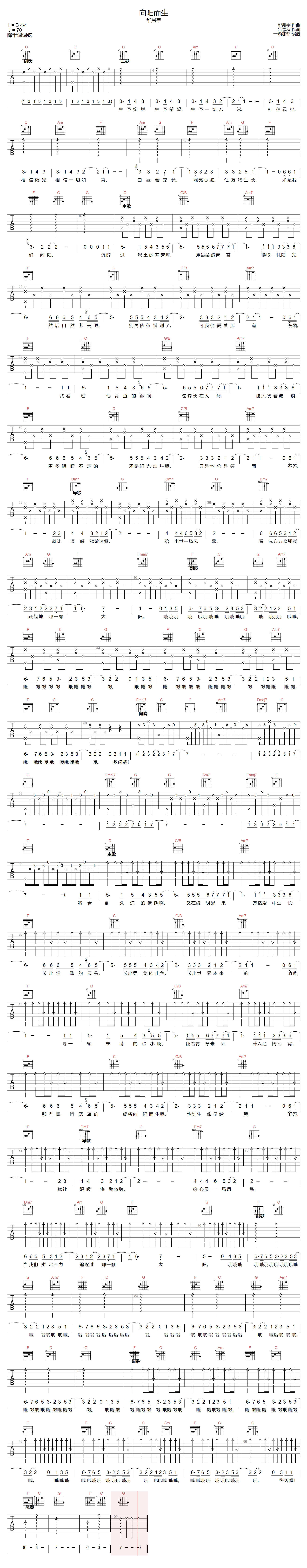 向阳而生吉他谱-华晨宇-C调指法