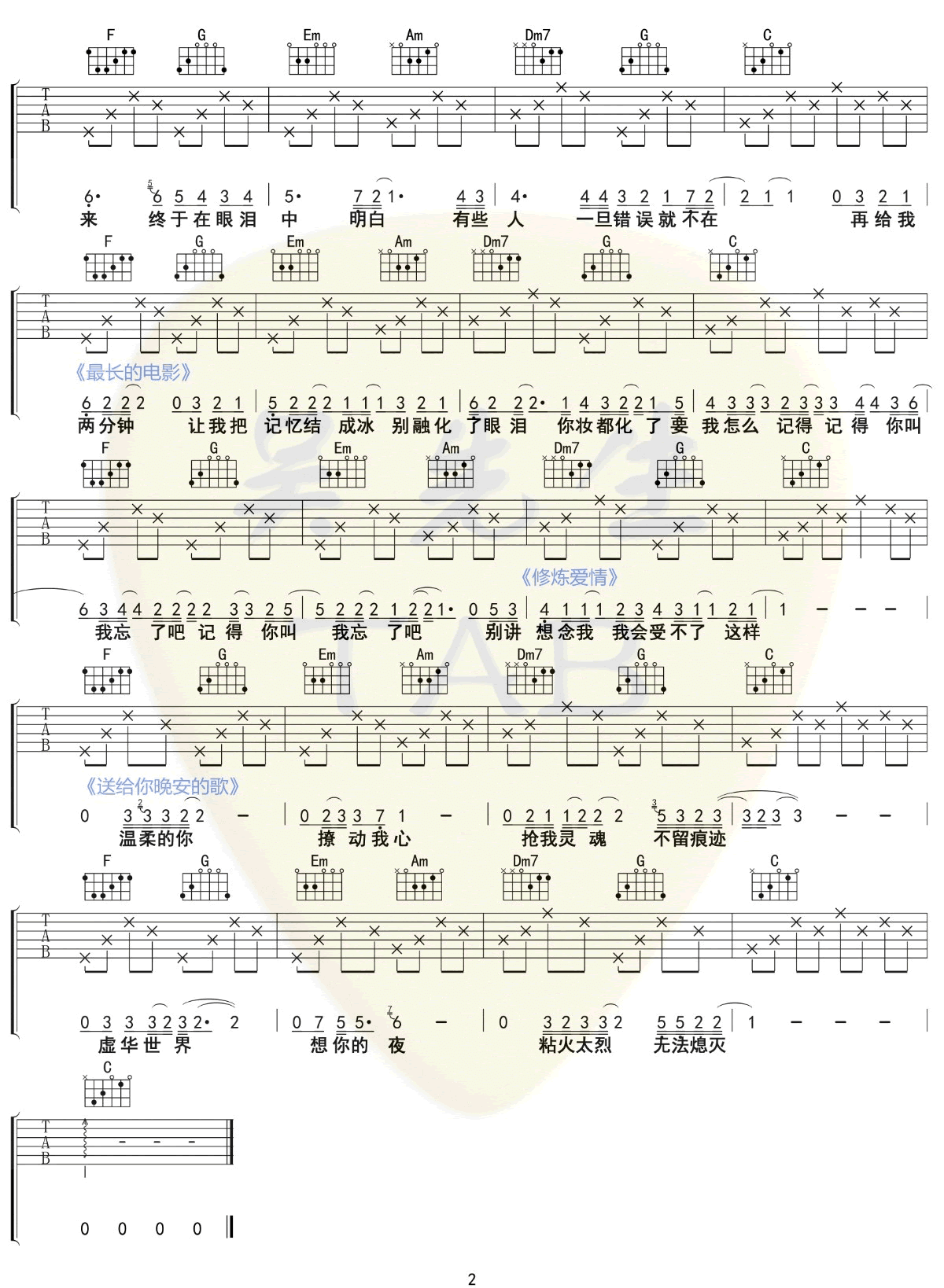 送给你晚安的歌吉他谱2-房子帆-C调指法