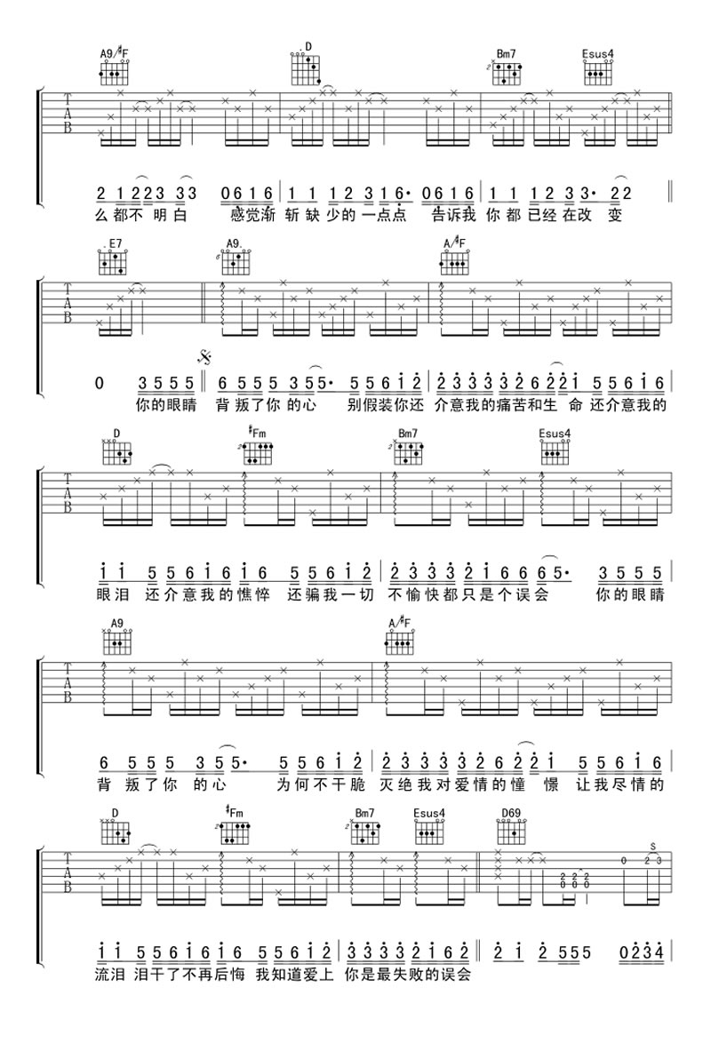 你的眼睛背叛了你的心吉他谱2-郑中基-A调指法