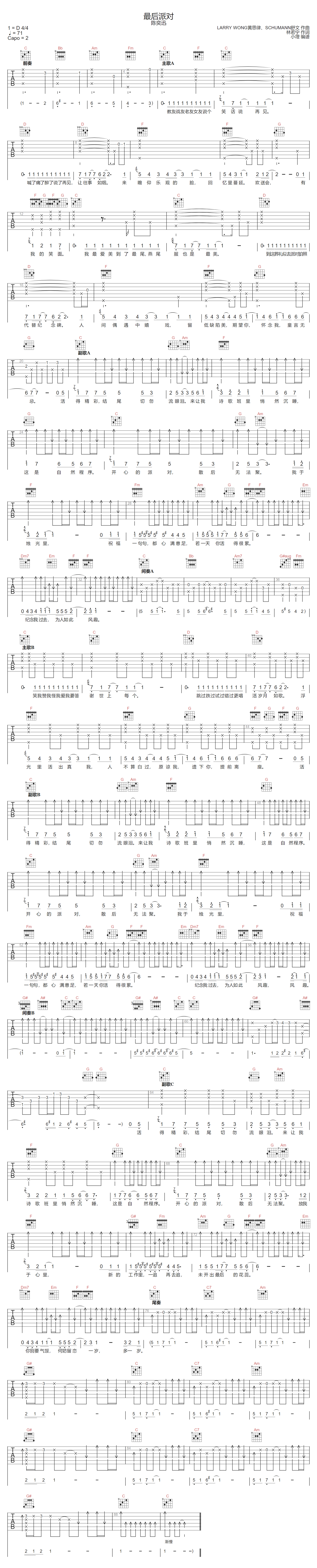 最后派对吉他谱-陈奕迅-C调指法