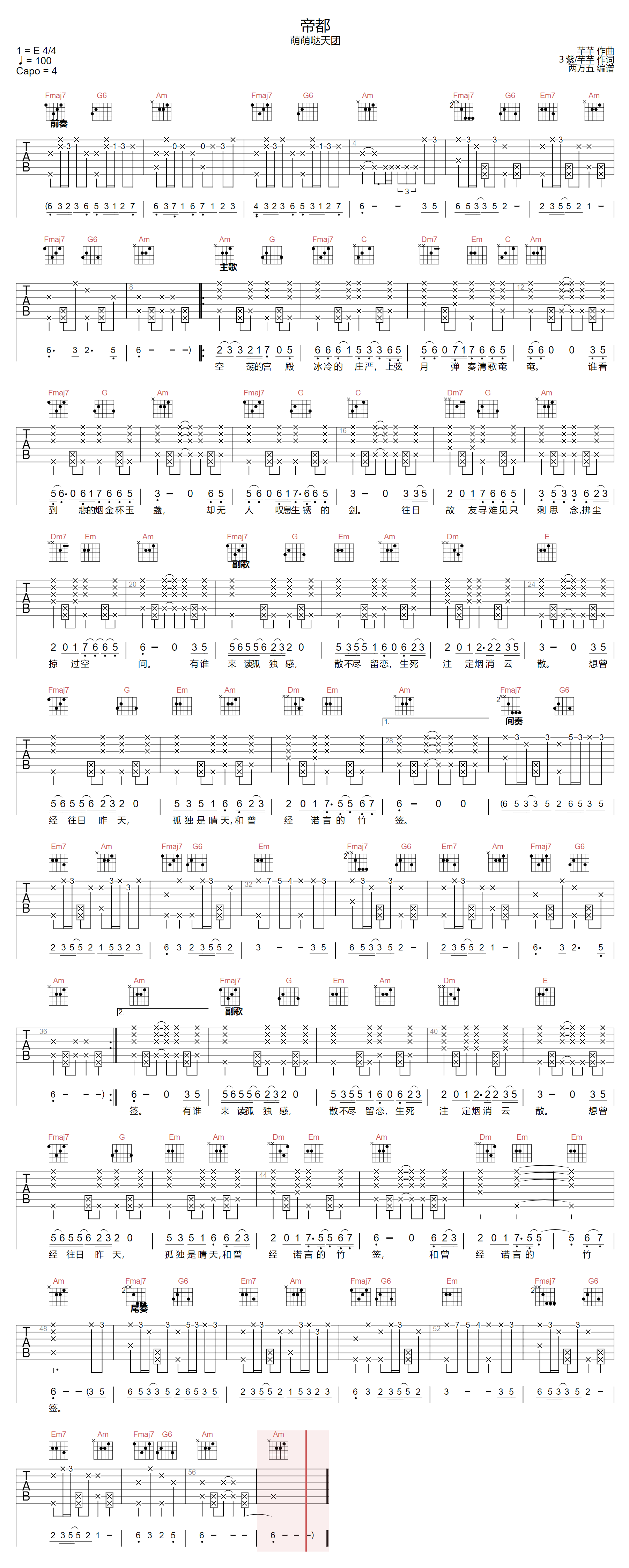 帝都吉他谱-萌萌哒天团-C调指法