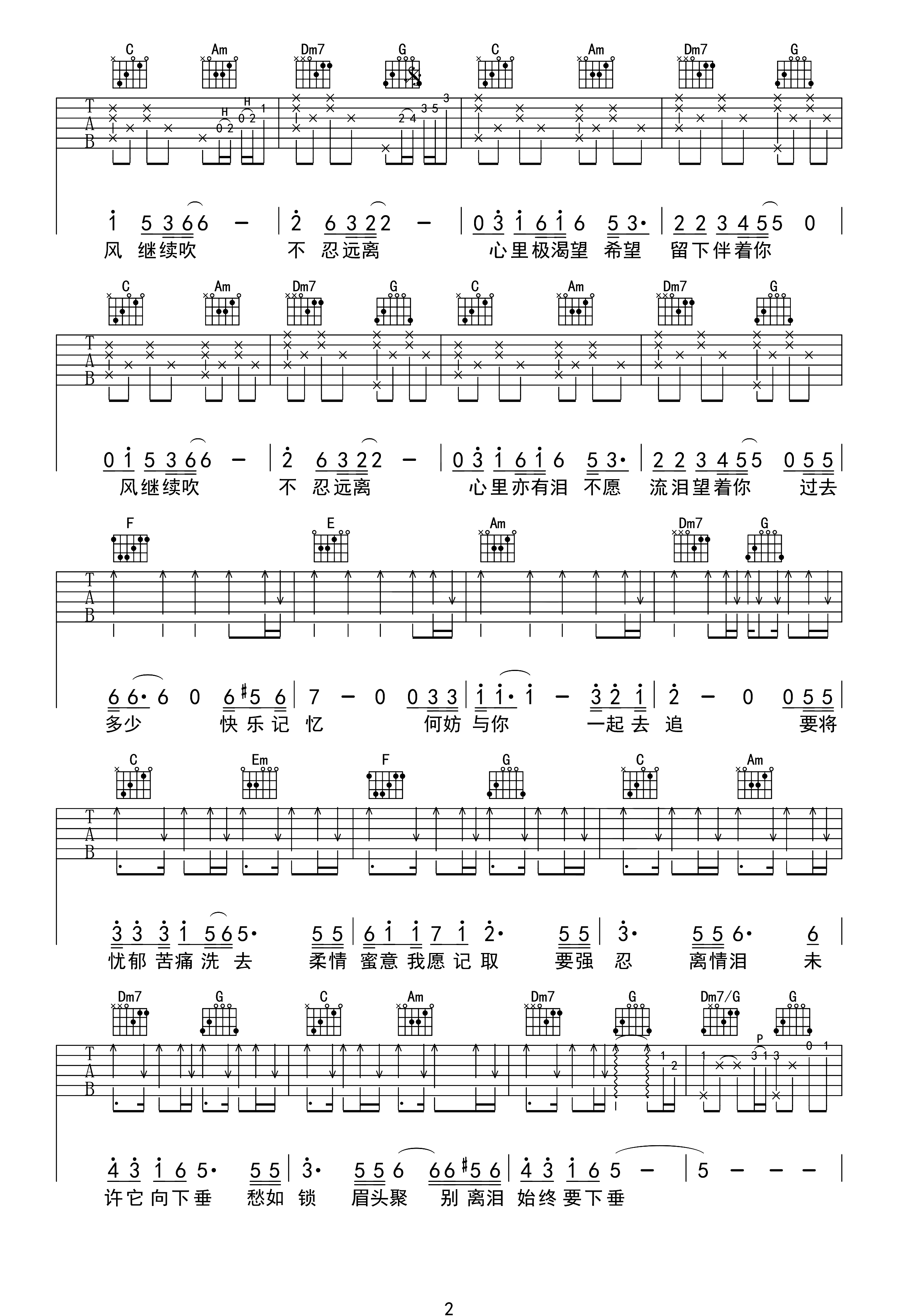 风继续吹吉他谱2-张国荣-C调指法