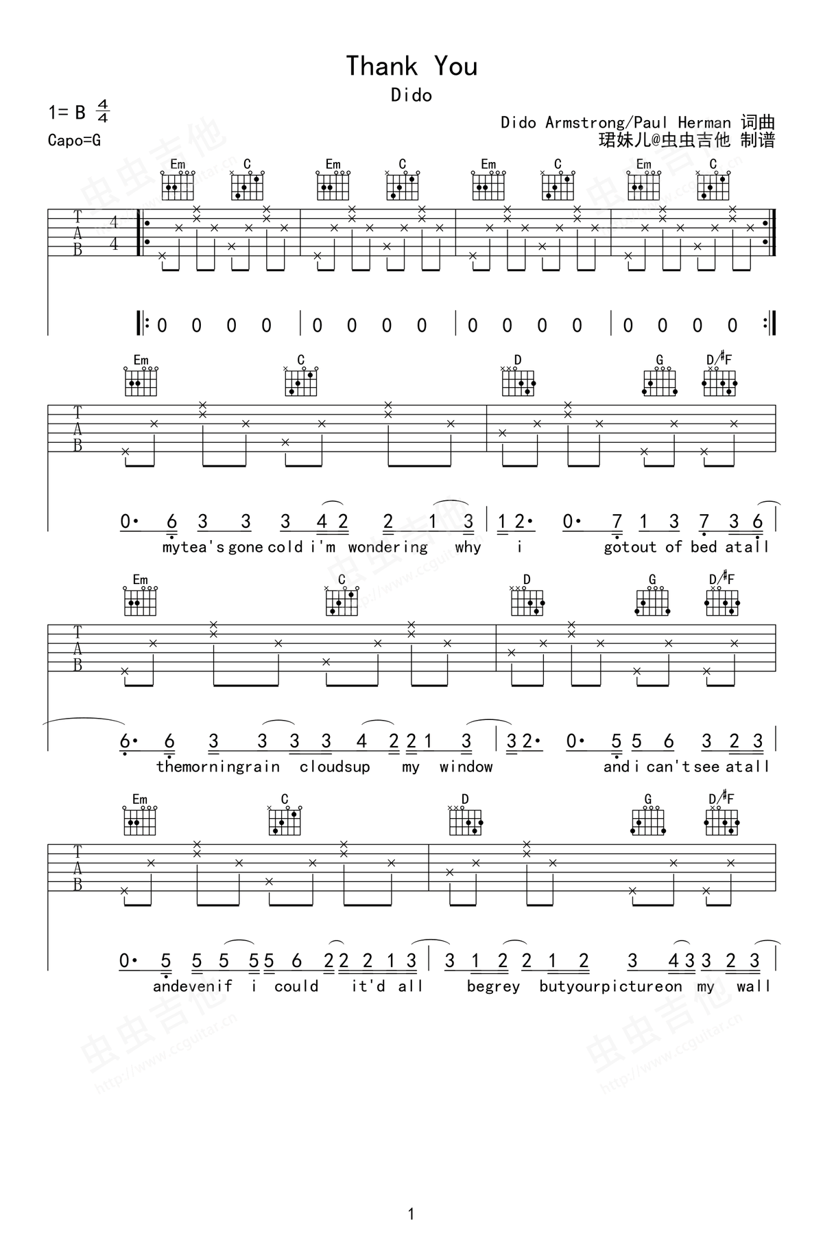 Thank-You吉他谱1-Dido-G调指法