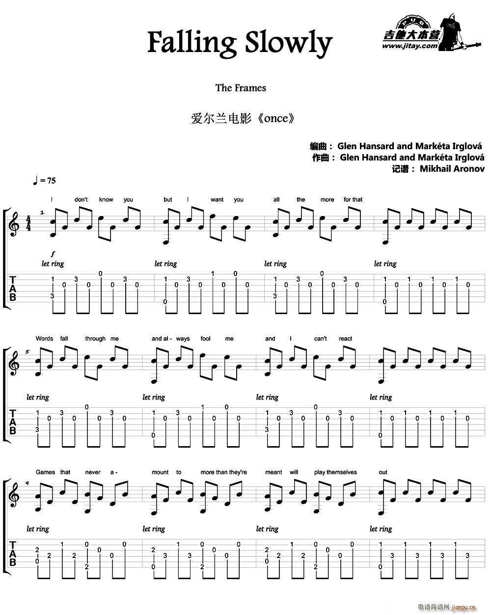 Falling Slowly 爱尔兰音乐电影 once 主题曲(吉他谱)1