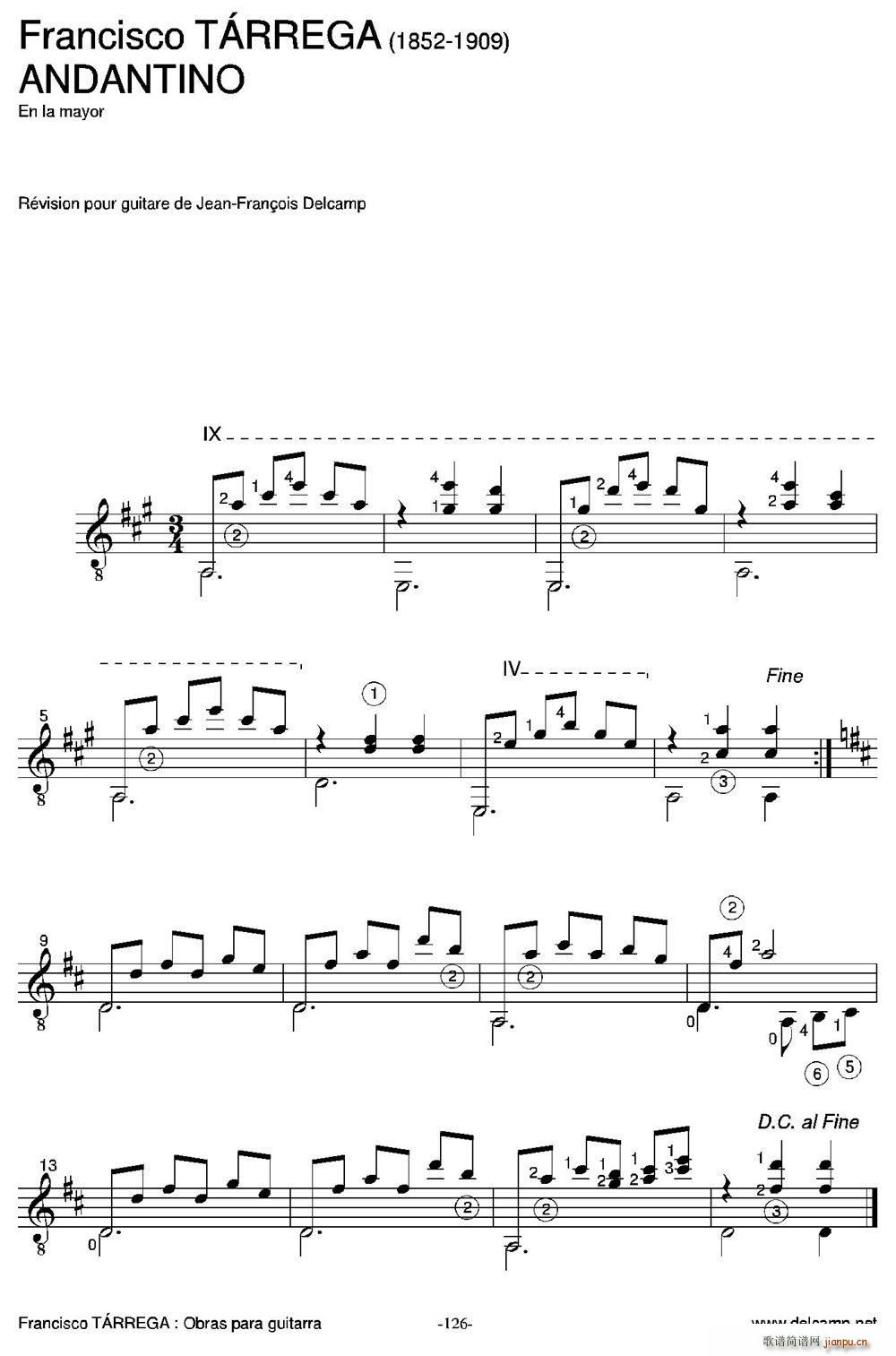 ANDANTINO En la mayor 古典吉他(吉他谱)1