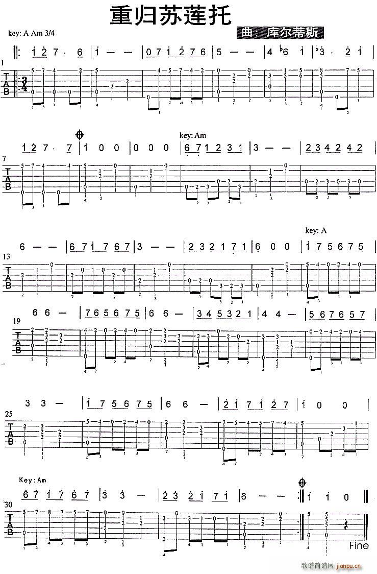 重归苏莲托 独奏 指弹谱(吉他谱)1