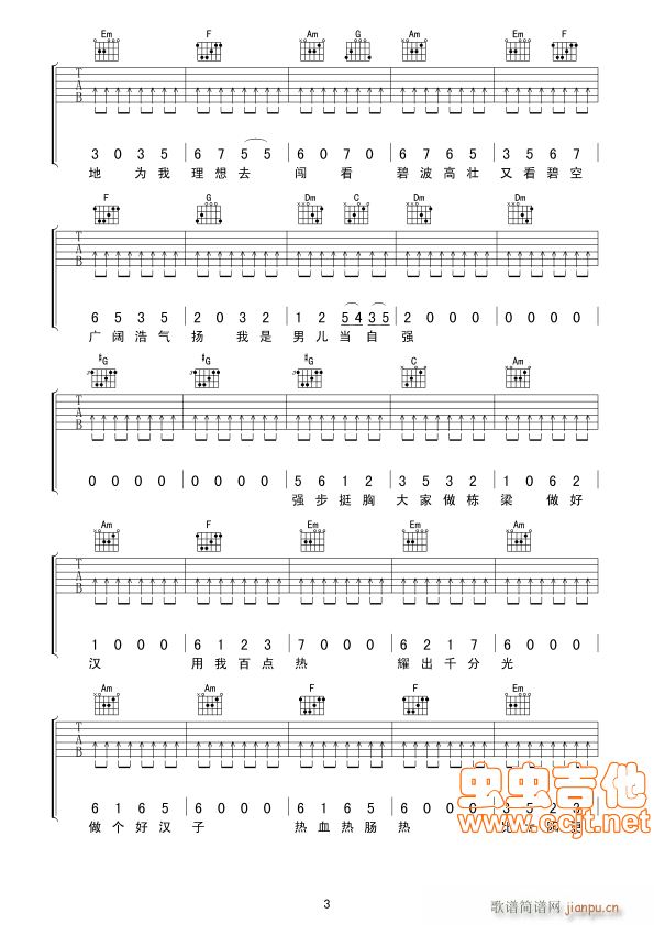 男儿当自强吉他弹唱版(吉他谱)3