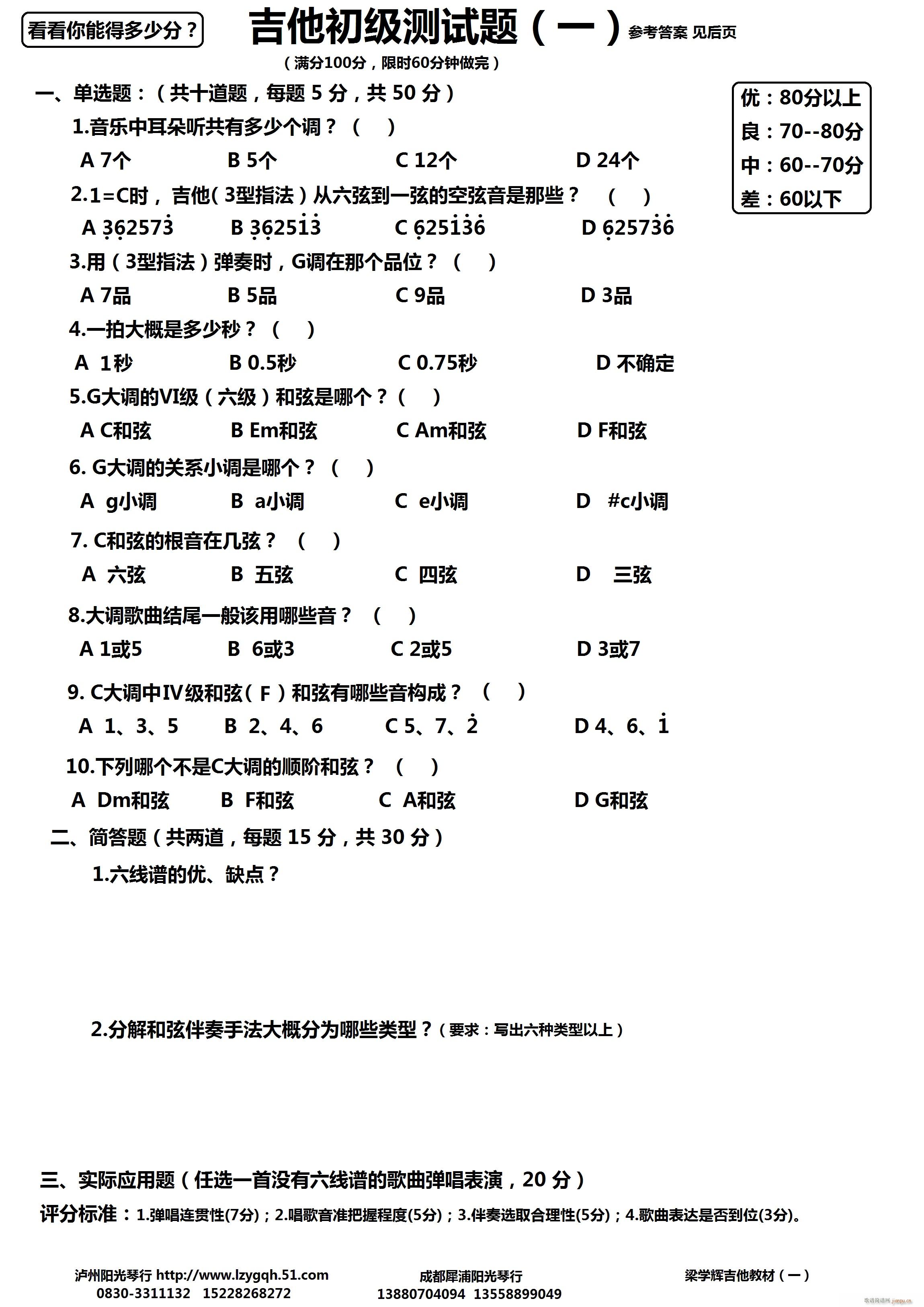 吉他初级测试题(吉他谱)1