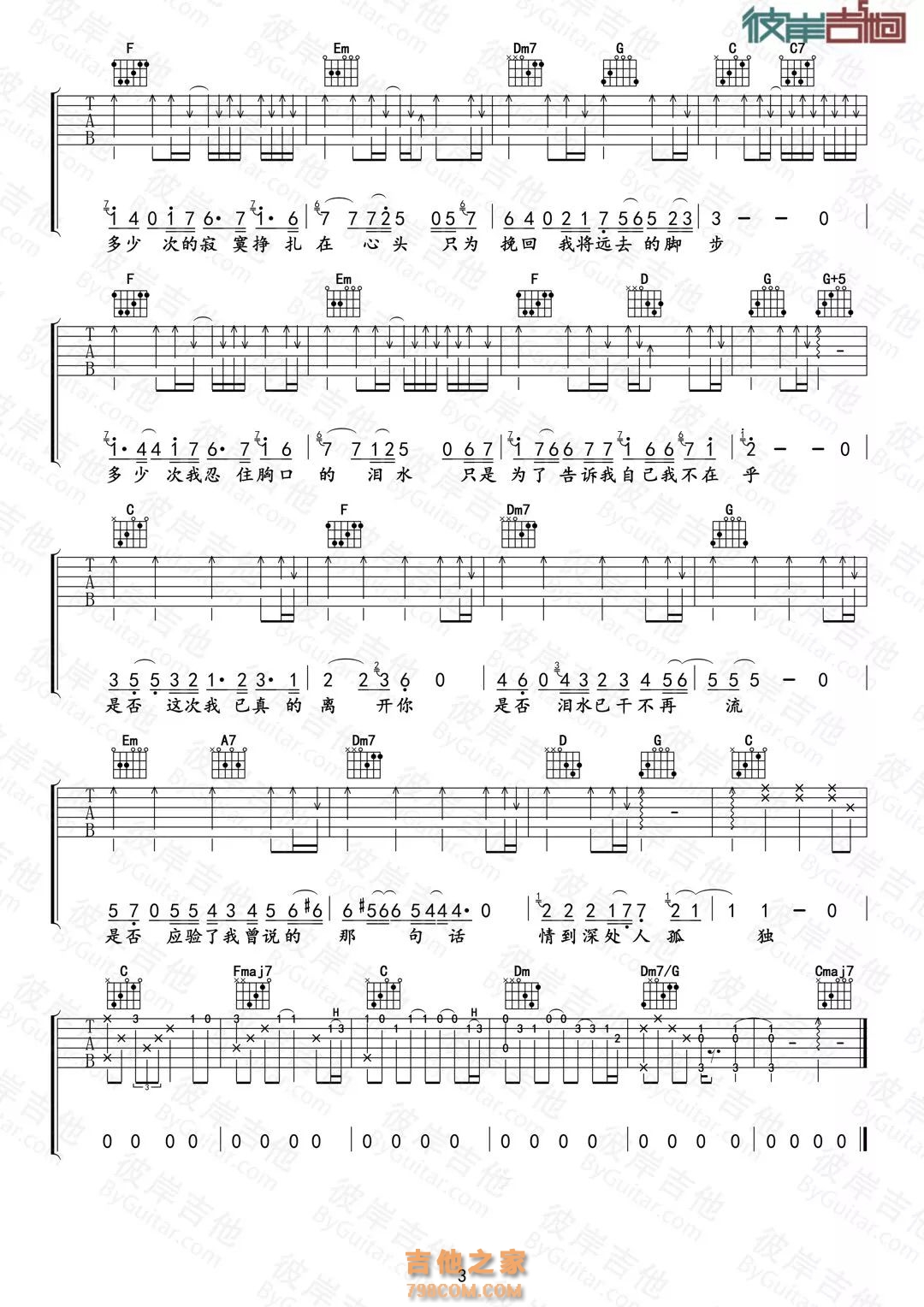 崔健《是否》吉他谱C调简易版