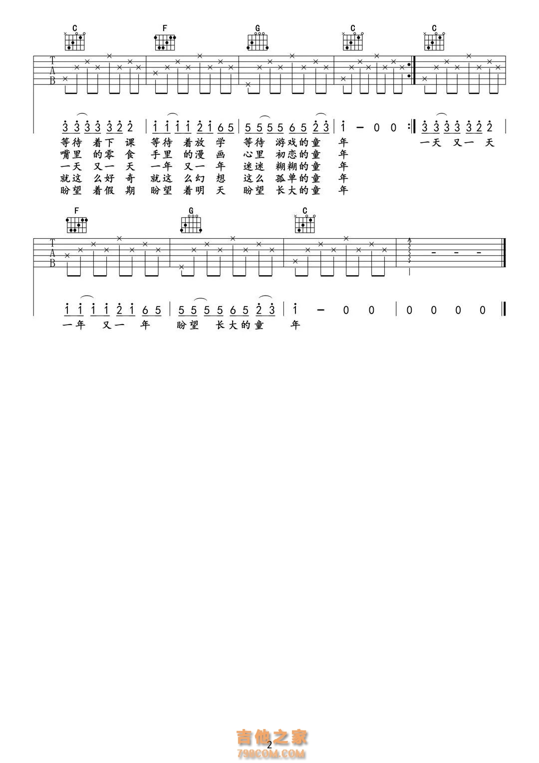 罗大佑《童年》入门吉他谱C调简易版