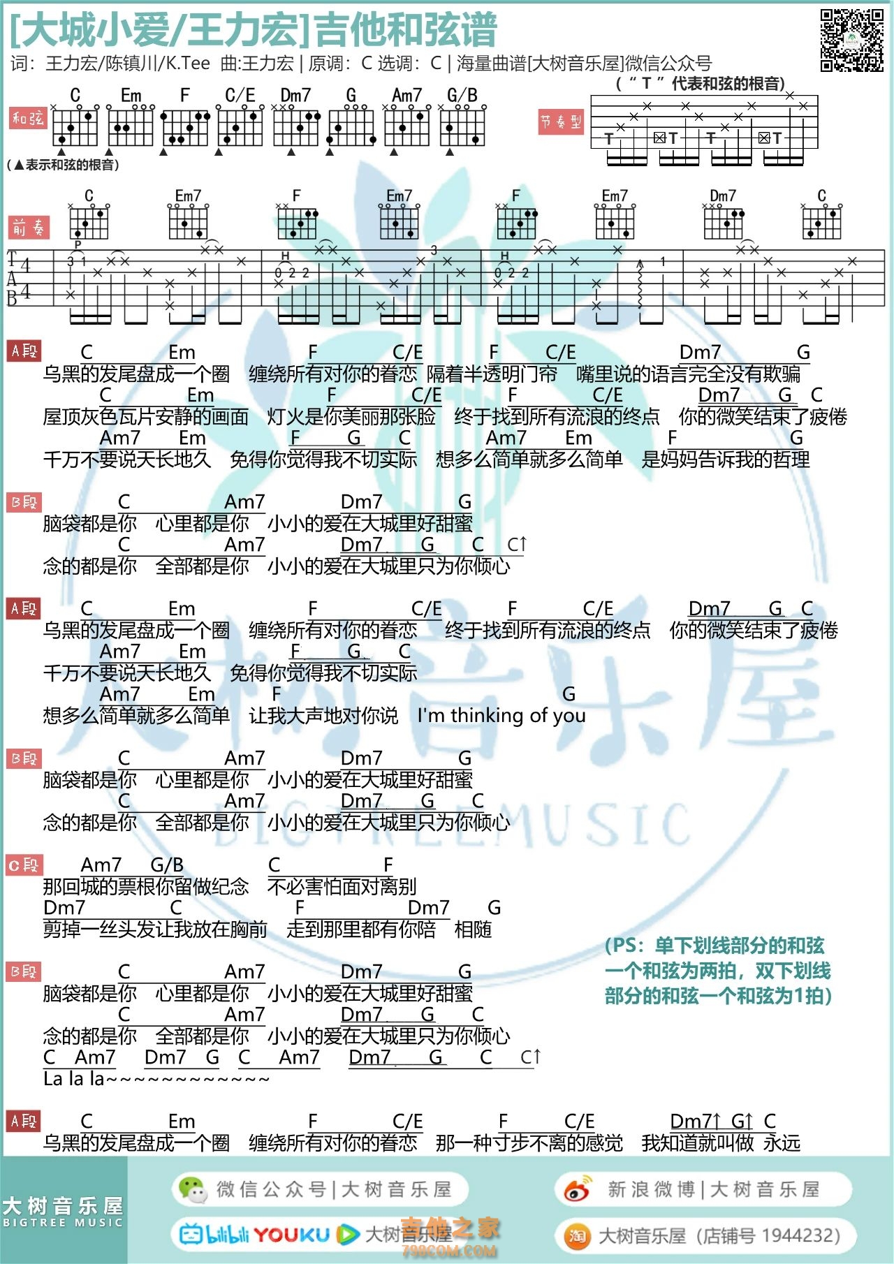 王力宏《大城小爱》C调和弦吉他谱