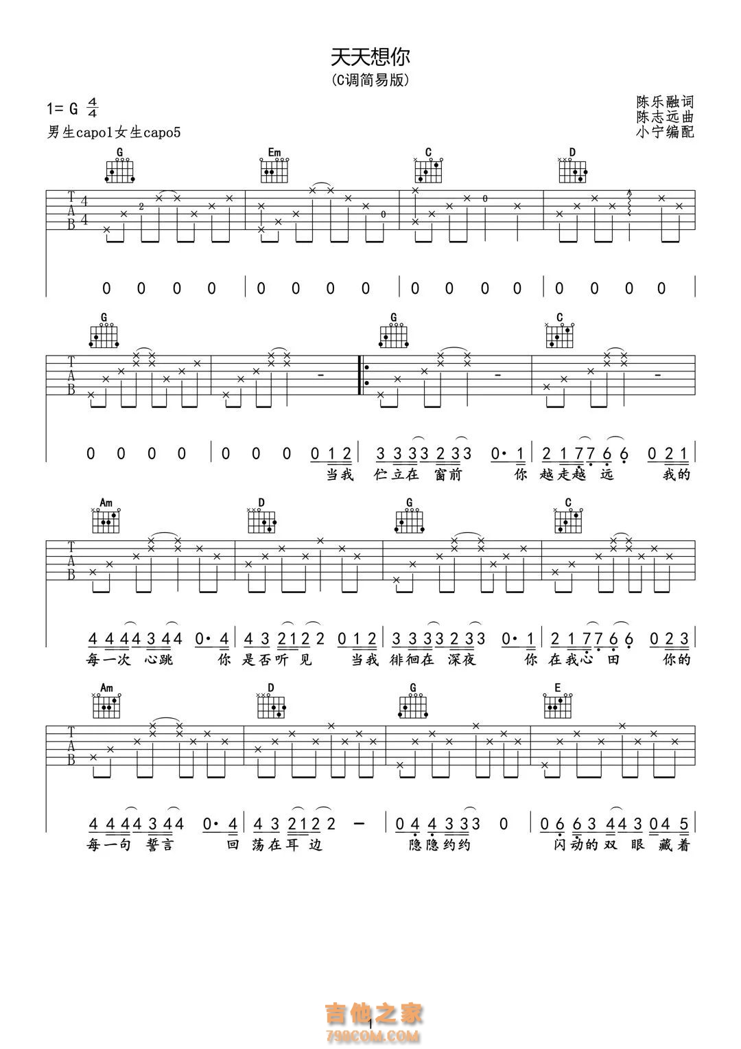 张雨生《天天想你》吉他谱C调简易版