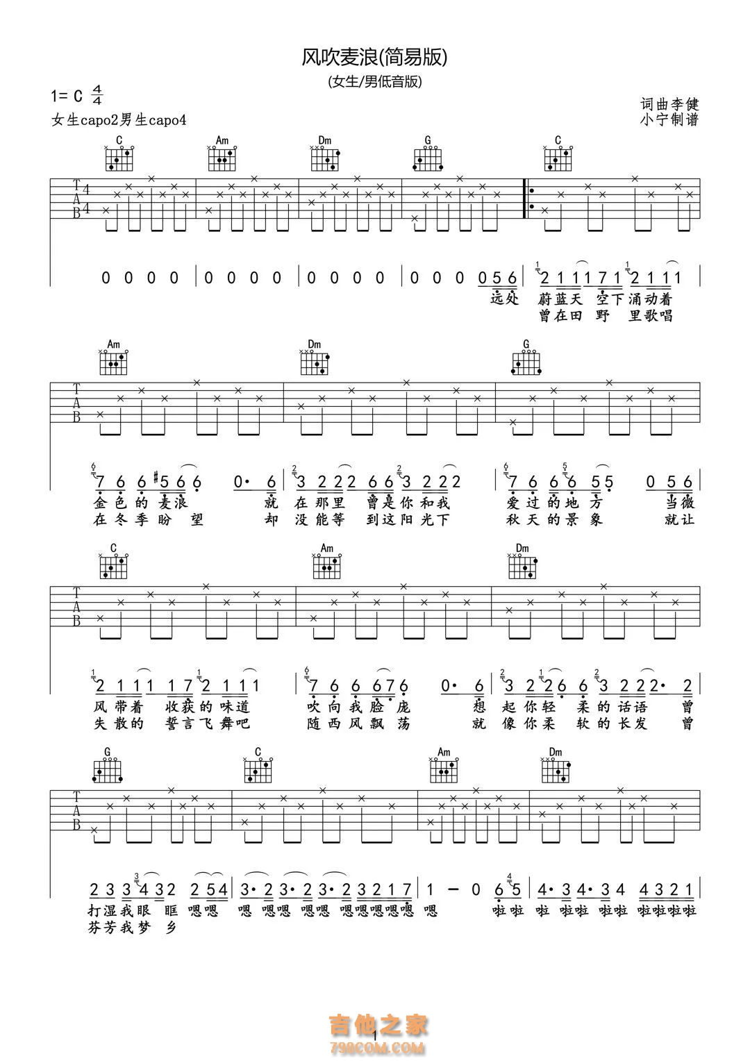 李健《风吹麦浪》C调女生男低音版 