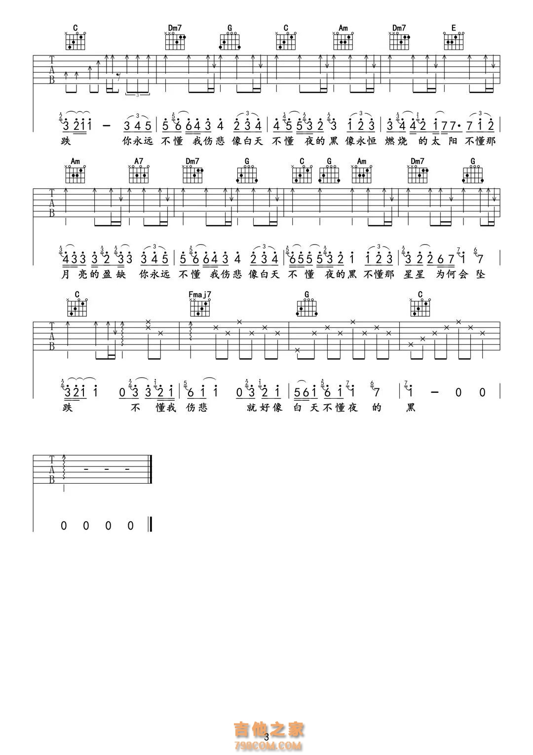 那英《白天不懂夜的黑》吉他谱C调简易版