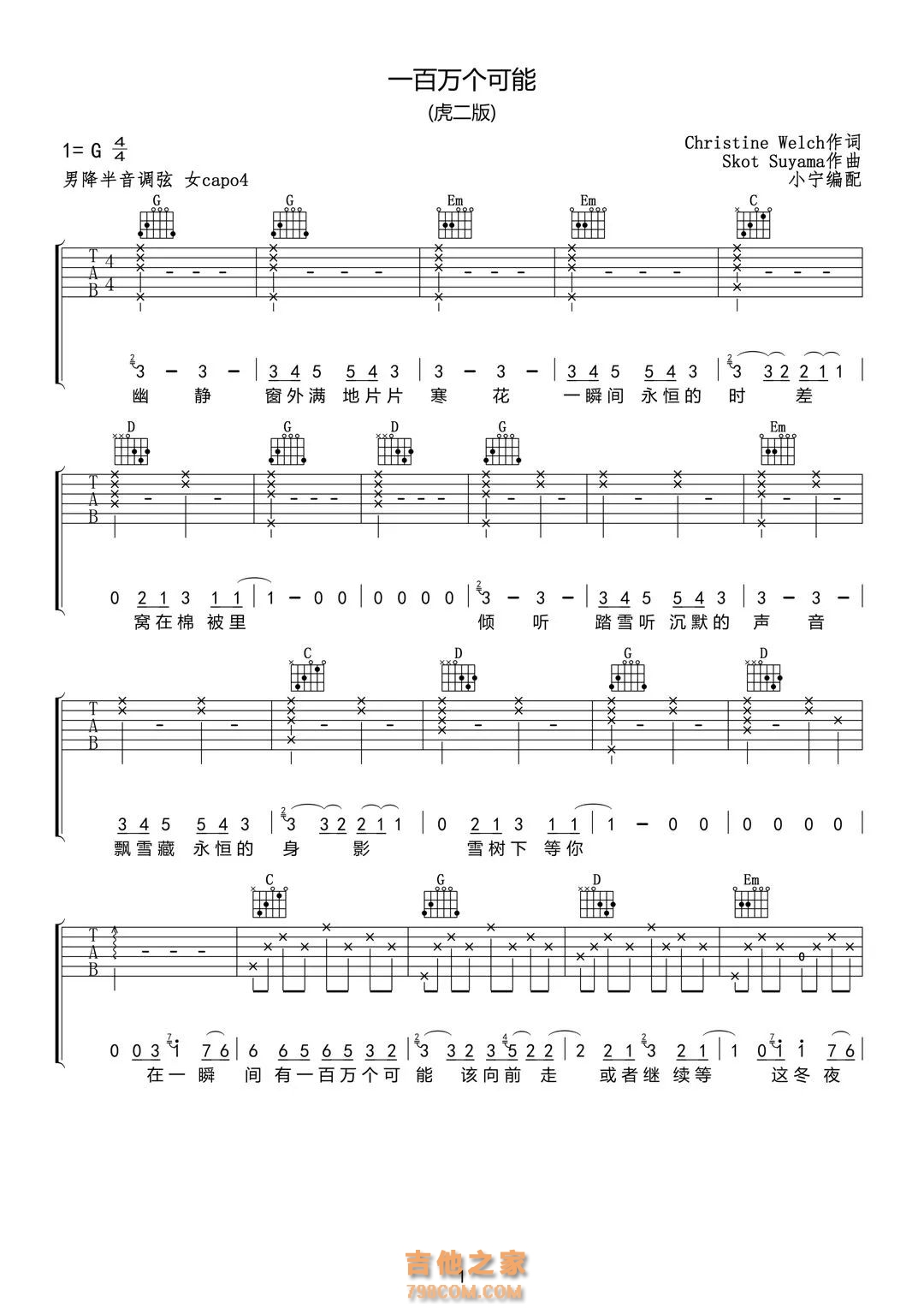 虎二《一百万个可能》吉他谱 G调