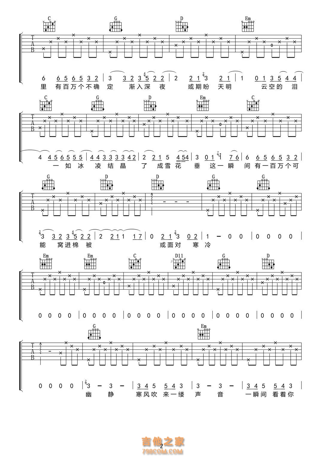 虎二《一百万个可能》吉他谱 G调