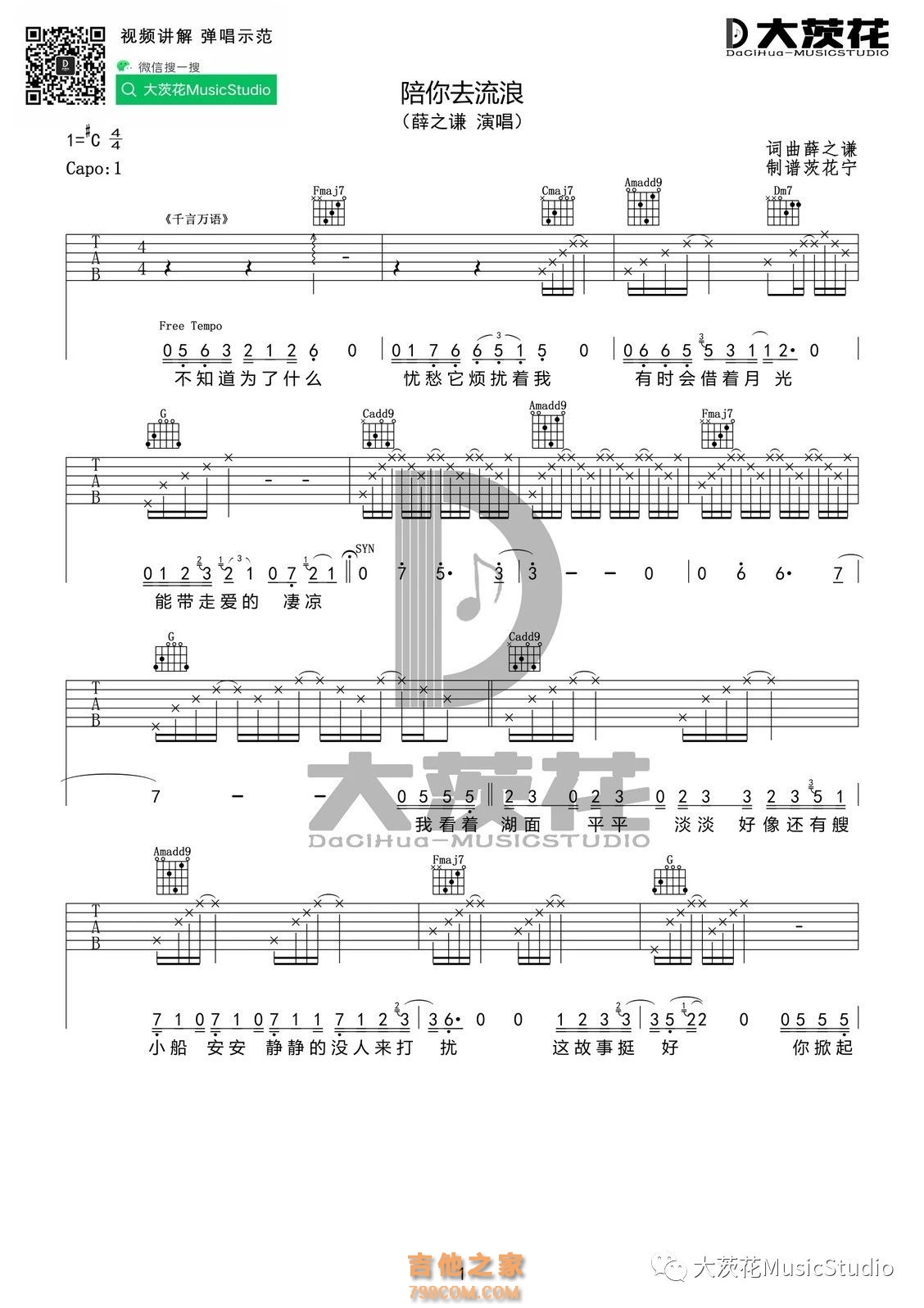 薛之谦《陪你去流浪》入门版吉他谱