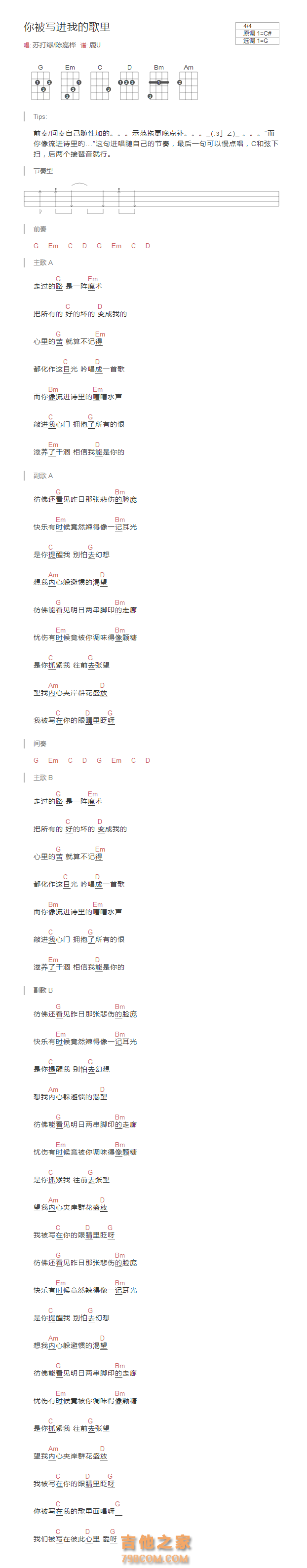 苏打绿/陈嘉桦《你被写进我的歌里》和弦吉他谱