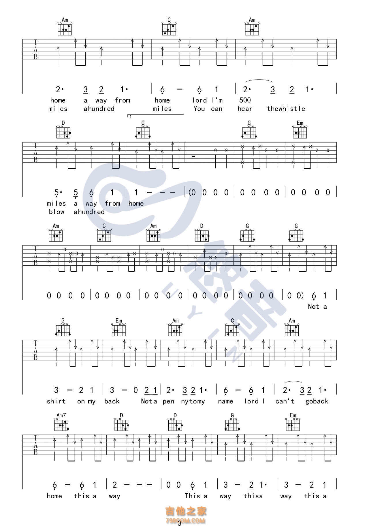 民谣《500 Miles》吉他谱