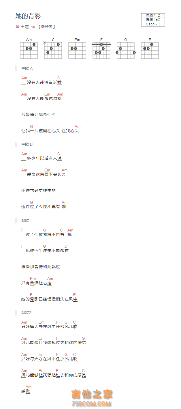 王杰《她的背影》和弦吉他谱