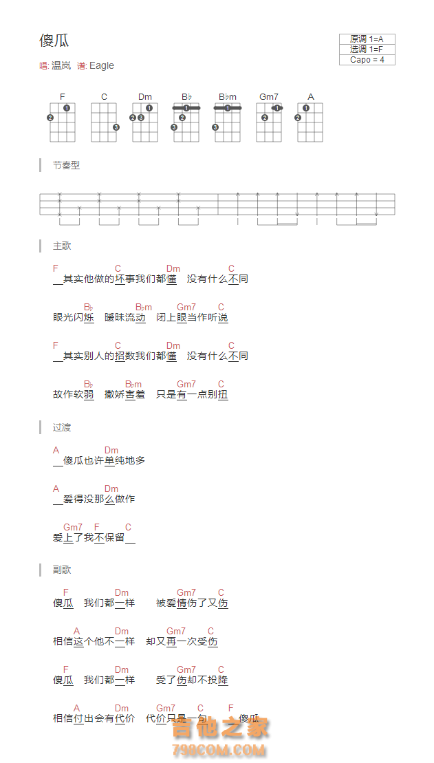 温岚《傻瓜》和弦吉他谱