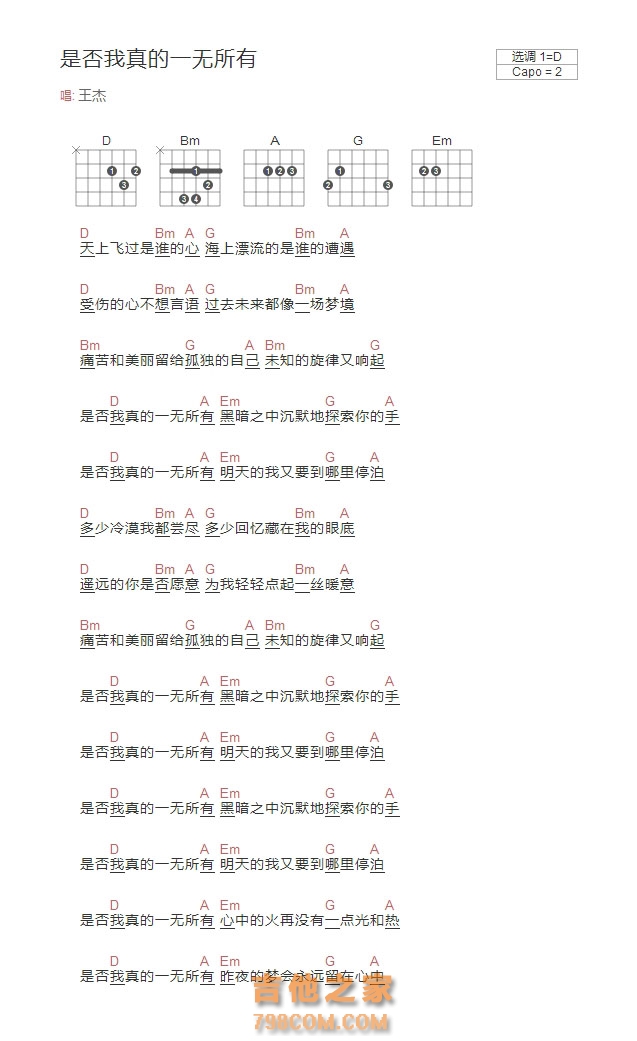 王杰《是否我真的一无所有》和弦吉他谱D调