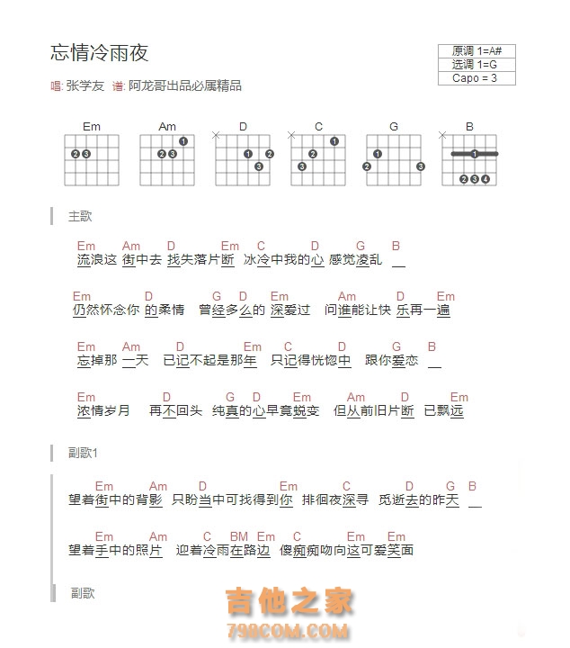 张学友《忘情冷雨夜》和弦吉他谱
