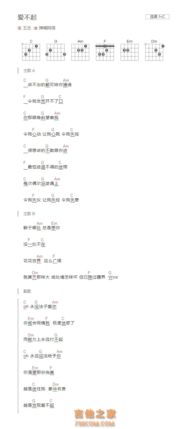 王杰《爱不起》和弦吉他谱C调