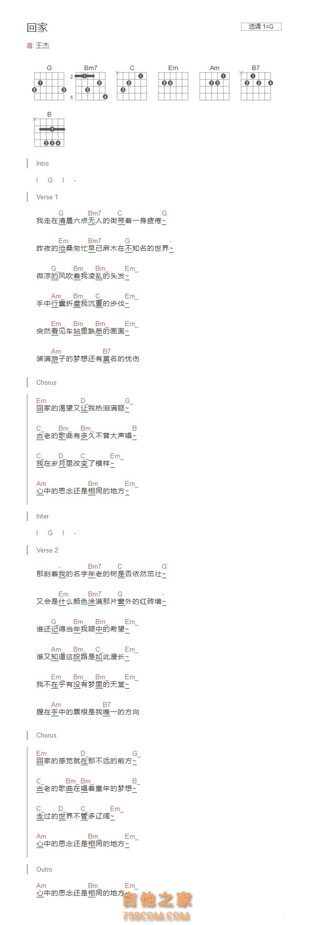 王杰《回家》和弦吉他谱G调