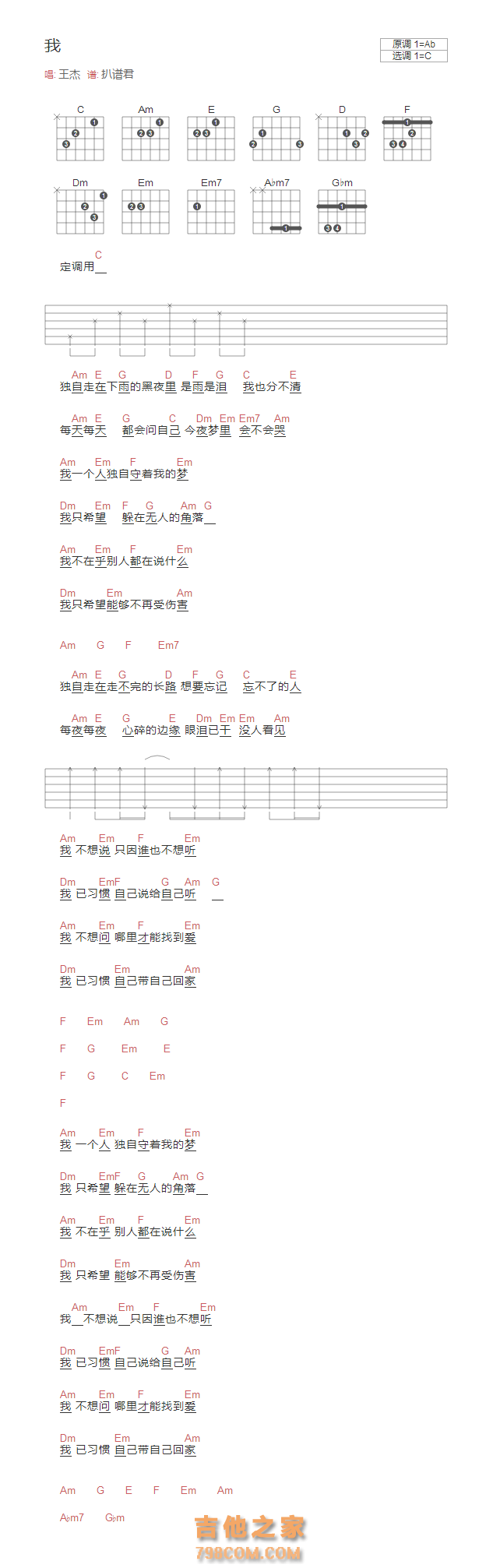 王杰《我》和弦吉他谱