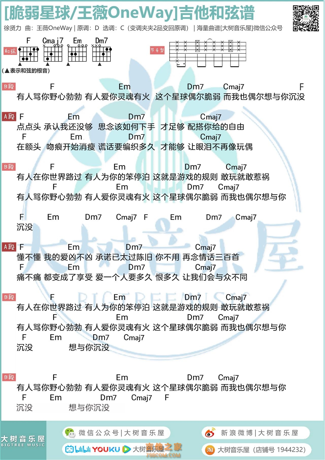 王薇OneWay《脆弱星球》吉他弹唱曲谱
