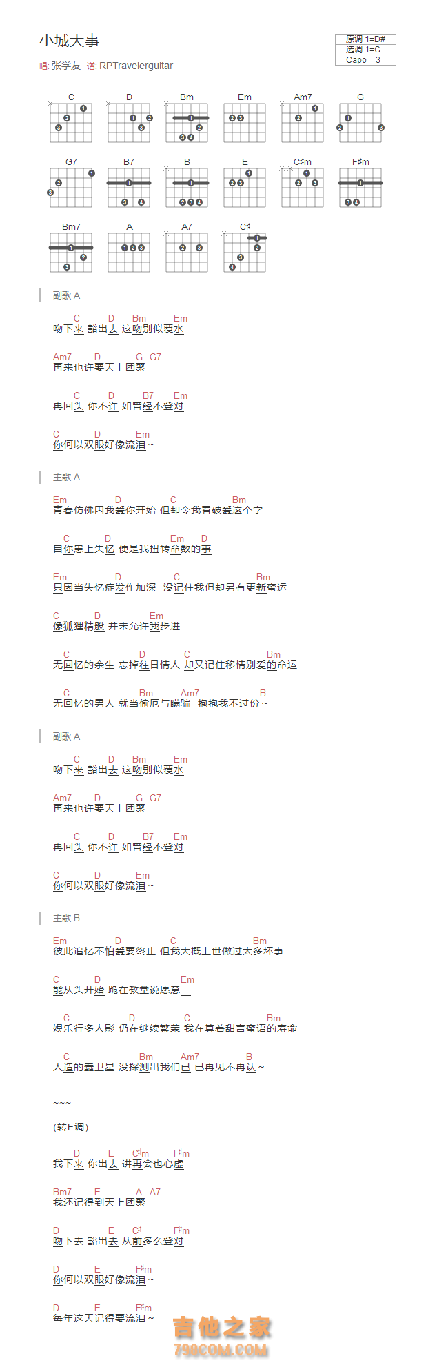 张学友《小城大事》和弦吉他谱