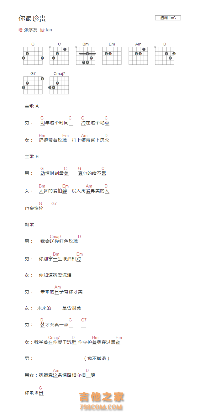 张学友《你最珍贵》和弦吉他谱G调